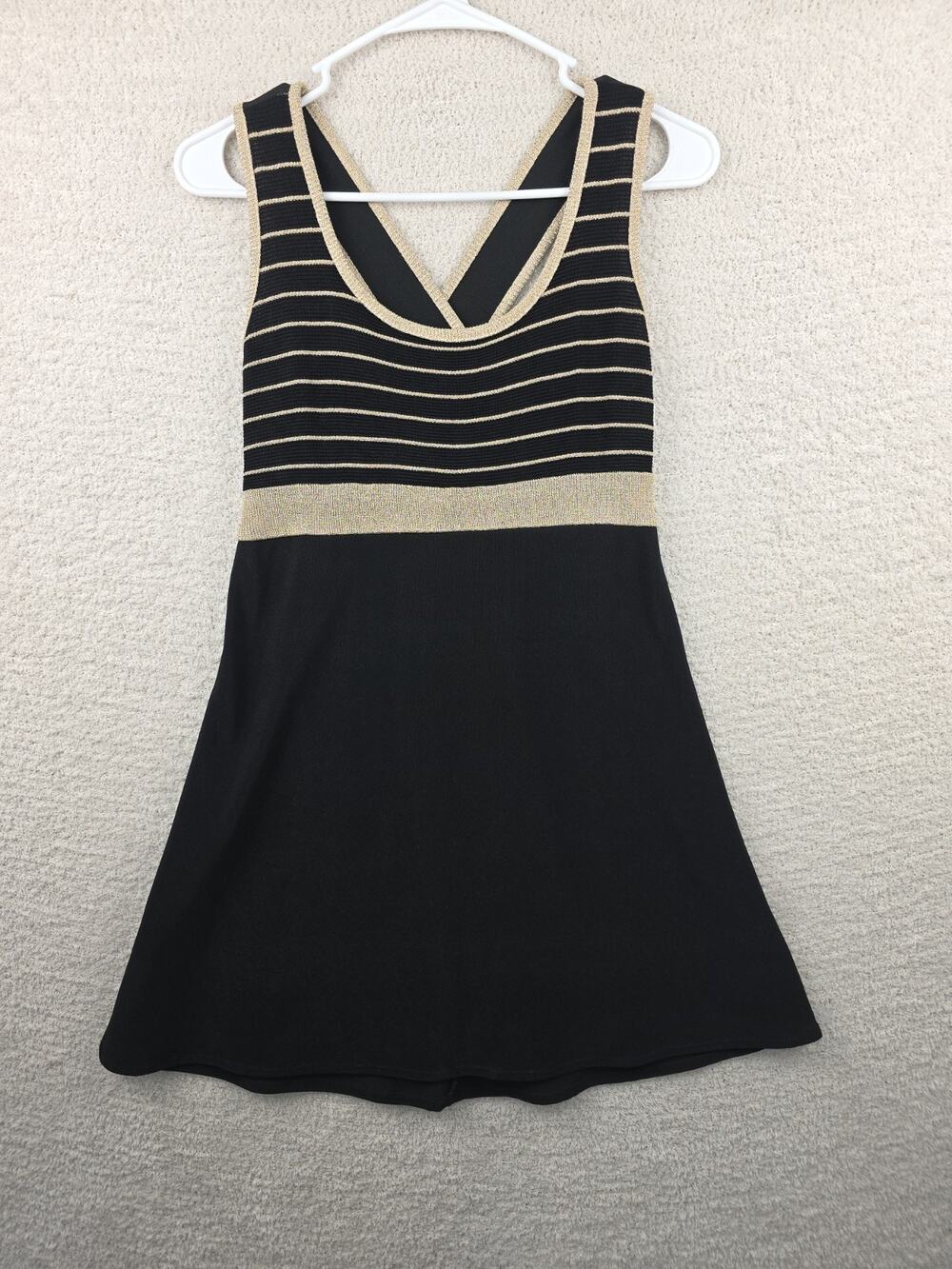 Vintage Breakin' Loose Black and Gold Lurex Striped Bodycon Mini Dress Size 7/8